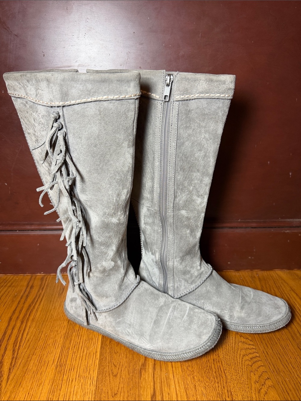 UGG Australia Mammoth Moccasin Gray Suede Tall Fringe Zip Boots
